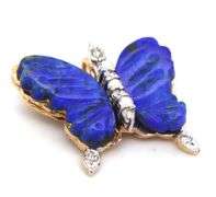 Lovely 14K YG, Diamond & Carved Lapis Butterfly Pendant