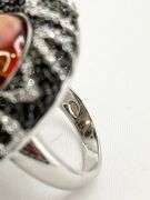925 Sterling Silver Large Oval Amber Color Stone With Halo And Intricate Black and White Crystal Pav