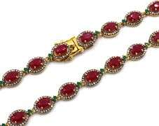 Gorgeous 17.50CTW Oval Faceted Rubies, 5.00CTW Diamonds & Emerald Necklace in14K Yellow Gold Over St