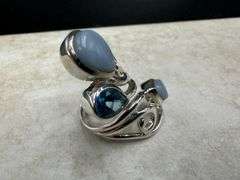 Sterling Silver 925 Natural Gemstone Blue Topaz and Angelite Ring Size 6.5 Adjustable