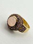 14KT Yellow Gold Cabochon Rose Quartz Center Stone Surrounded By Amethyst Halo Ring