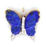 Lovely 14K YG, Diamond & Carved Lapis Butterfly Pendant