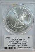 Perfect 2021 Ty 2 $1 Silver Eagle. PCGS MS70 1st Day Issue Reagan Signed