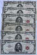 Six 1963 Circulated $5 Red Seal US Notes