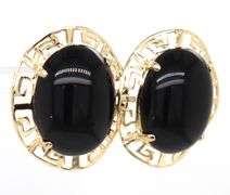 14kt Yellow gold black onyx oval earrings with Greek key halo