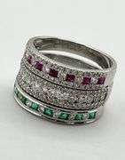 14KT White Gold Attached Eternity Band Set In Ruby, Emerald And Diamond Ring