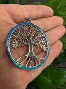 Sterling Silver Blue Synthetic Opal Tree of Life Medallion Pendant Branch Charm