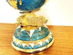 HANDMADE Fabergé-Style Globe Egg Trinket Box – 24K Gold Decor, Austrian Crystal, Sailboat & Twin Fis