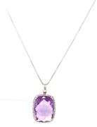 14kt White gold Elongated cushion cut amethyst and diamond halo pendant on chain
