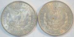 Creamy-white BU 1882-P and 1896-P Morgan Silver Dollars
