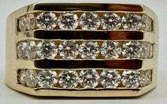 14K Yellow gold Men's Ring Three Row of 2.70ct