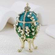 Hand Painted Enamel Pearl Flower Fabergé Egg Trinket Box – Unique Hinged Green Jewelry Organizer