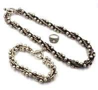 Set of 925 Sterling silver Edinburg Hallmarked beaded necklace and matching bracelet and ring