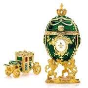 Royal Imperial Green Russian Fabergé Egg Replica with Green Carriage