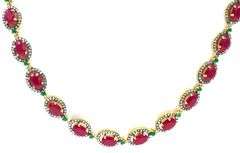 Gorgeous 17.50CTW Oval Faceted Rubies, 5.00CTW Diamonds & Emerald Necklace in14K Yellow Gold Over St
