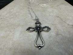 Elongated Heart Ornate Filigree Swirl Cross Pendant .925 Sterling Silver Charm