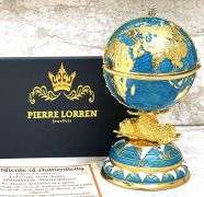 HANDMADE Fabergé-Style Globe Egg Trinket Box – 24K Gold Decor, Austrian Crystal, Sailboat & Twin Fis