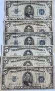 Six Various 1934 1953 Series Circulated $5 Blue Seal Silver Certificates.
