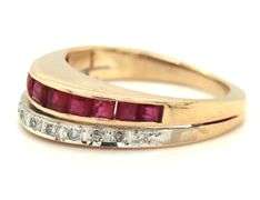 14kt Yellow gold square ruby and diamond 2 row dome ring