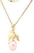 14kt Yellow gold Wyland Dolphine 8mm pink pearl diamond eye pendant on rope chain