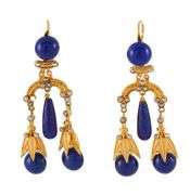 Vintage Seed Pearls and Blue Lapis Dangle Earrings in 10K