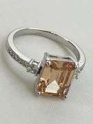 925 Sterling Silver Emerald Cut Peach Morganite With Crystal pave Accent Ring