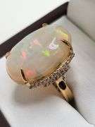 Very fine one Oval Cabochon Opal ring in silver 14k gold plated with diamond accent, 12.29 CTW