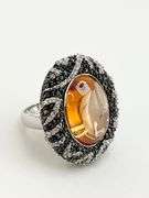 925 Sterling Silver Large Oval Amber Color Stone With Halo And Intricate Black and White Crystal Pav