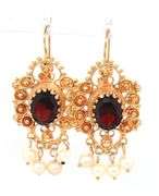 14kt Yellow gold Reproduction Victorian oval garnet and pearl drop earrings