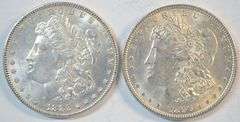 Creamy-white BU 1882-P and 1896-P Morgan Silver Dollars