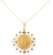 British Gold Sovereign Coin in Emerald and Ruby Frame Pendant Necklace in 18K and 22K