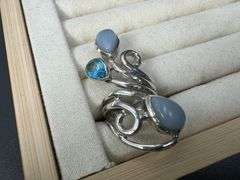 Sterling Silver 925 Natural Gemstone Blue Topaz and Angelite Ring Size 6.5 Adjustable