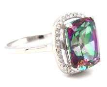 14kt White gold Cushion mystic topaz and diamond halo ring