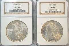 Near Gem BU 1883-O & 1884-O Morgan Silver Dollars. NGC MS64