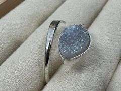 Sterling Silver 925 Titanium Coated Druzy Agate Crystal Stone Ring Adjustable Spoon Band