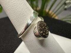 Sterling Silver 925 Titanium Coated Druzy Agate Crystal Stone Ring Adjustable Spoon Band