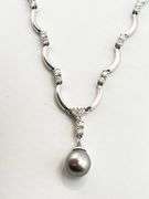 14KT White Gold U Shaped Link Chain Accented With Diamond and Tahitian Pearl Drop Necklace