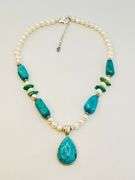 925 Sterling Silver Barse Signed Turquoise And Pearl necklace With Tear Drop Pendant