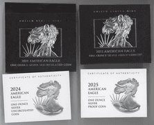 2024 & 2025 Pristine Gem BU $1 Silver Eagles. Box/COA's