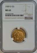Super Choice BU and lovely 1909-D $5 Indian Gold Piece. NGC MS63