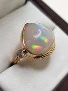 Very fine one Cabochon Pear Opal ring in silver 14k gold plated with diamond accent, 8.13 CTW