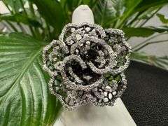 White CZ Vintage Antiqued Filigree Flower Ring Sterling Silver Band Size 8