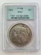1922 Silver Peace Dollar, PCGS MS63 OGH
