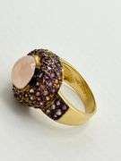 14KT Yellow Gold Cabochon Rose Quartz Center Stone Surrounded By Amethyst Halo Ring