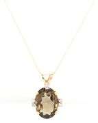 14kt Yellow gold Oval smokey quartz and diamond pendant on chain