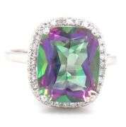 14kt White gold Cushion mystic topaz and diamond halo ring