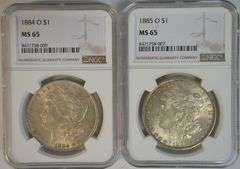 2 Beautiful Gem BU NGC MS65 graded Morgan Silver Dollars: 1884-O & 85-O