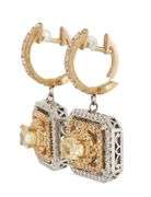 1.28ctw Yellow and White Diamond Double Frame Two Tone Drop Earrings in i4K