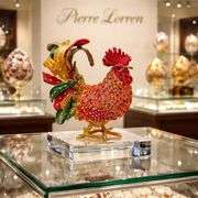 Ruby Red Faberge Rooster Jewelry Box with 24k Gold-Plating and Crystals