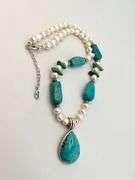 925 Sterling Silver Barse Signed Turquoise And Pearl necklace With Tear Drop Pendant
